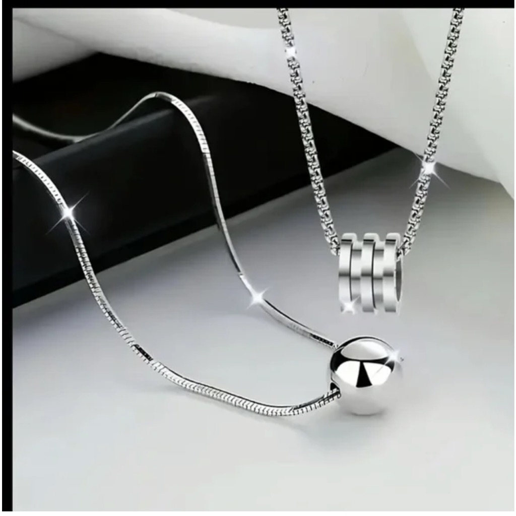 2 Piece Silver Ball & Barrel Pendant Necklace Set